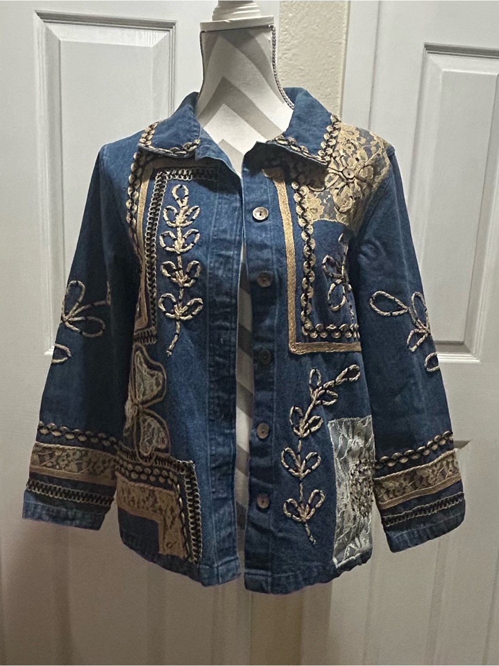 Dark Blue Embroidered Denim Jacket with Gold/Beige Detail